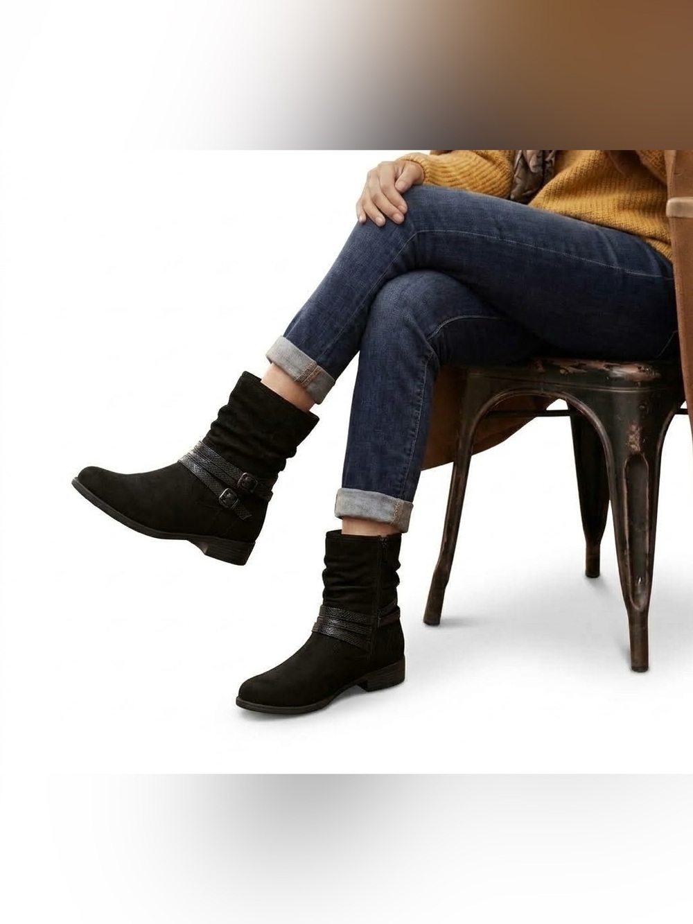 VJH Comfort Black Faux Suede Slouch Ankle Boots Strappy Buckle Block Heel 7.5